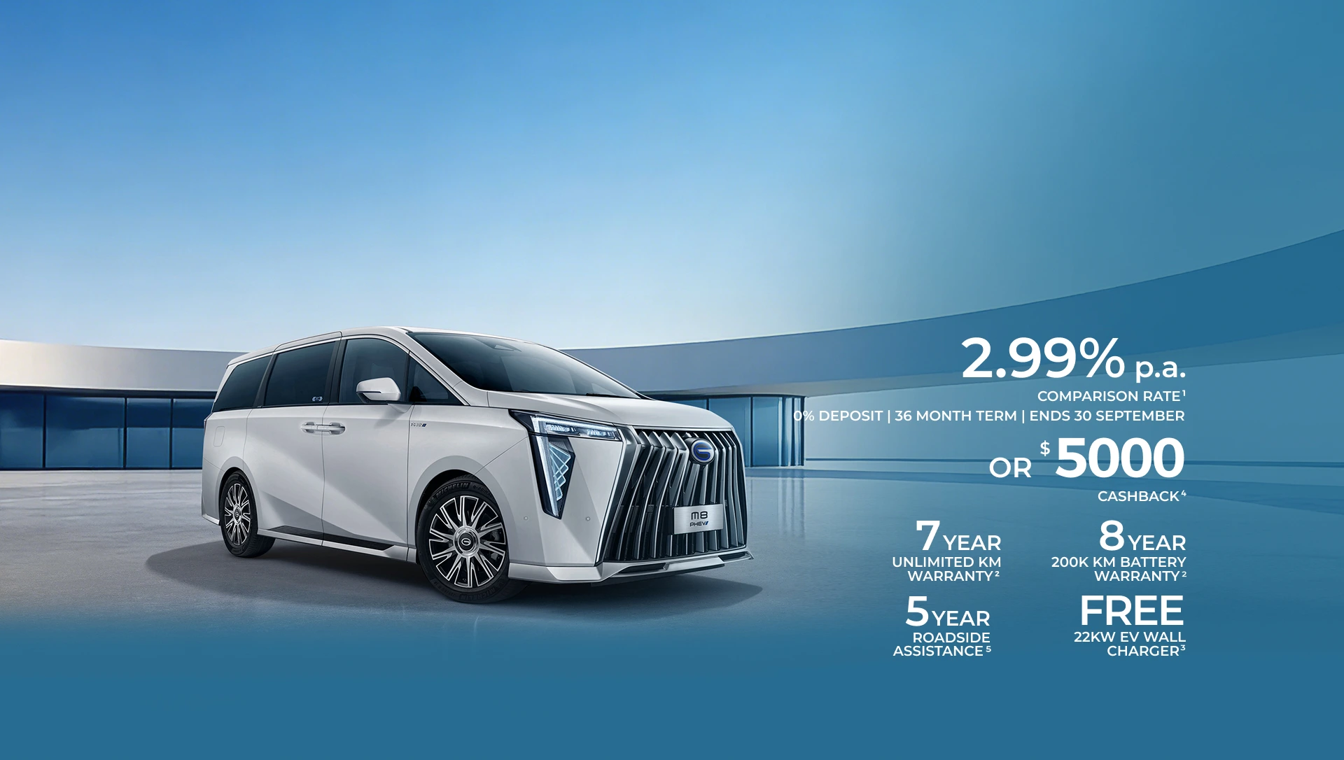 Versatile Luxury MPV 2.99% p.a. COMPARISON RATE 0% DEPOSIT | 36 MONTH TERM | ENDS 30 SEPTEMBER OR $ 5000 CASHBACK 7 YEAR UNLIMITED KM WARRANTY 8 YEAR 200K KM BATTERY WARRANTY 5 YEAR ROADSIDE ASSISTANCE FREE 22KW EV WALL CHARGER