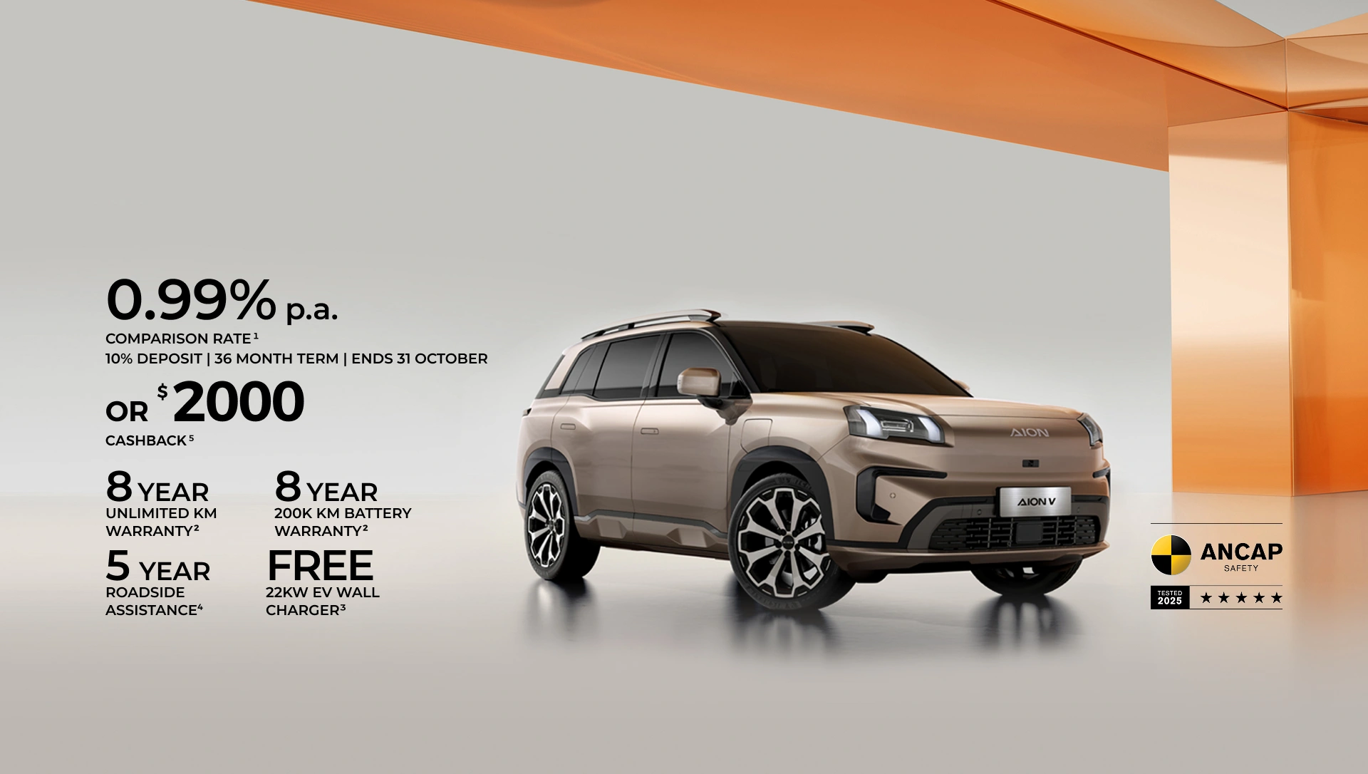 Spacious Intelligent SUV 0.99% p.a.  COMPARISON RATE 0% DEPOSIT | 36 MONTH TERM | ENDS 30 SEPTEMBER 8 YEAR UNLIMITED KM WARRANTY 8 YEAR 200K KM BATTERY WARRANTY 5 YEAR ROADSIDE ASSISTANCE FREE 22KW EV WALL CHARGER